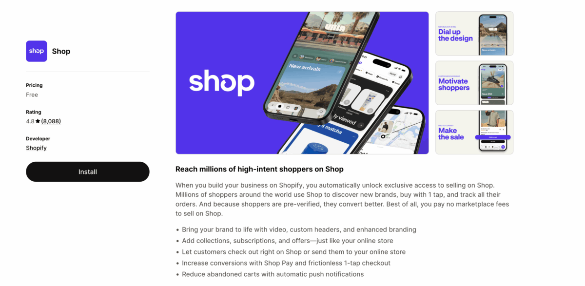 Shop app on Shopify App Store showing product discovery features and 4.8 star rating
