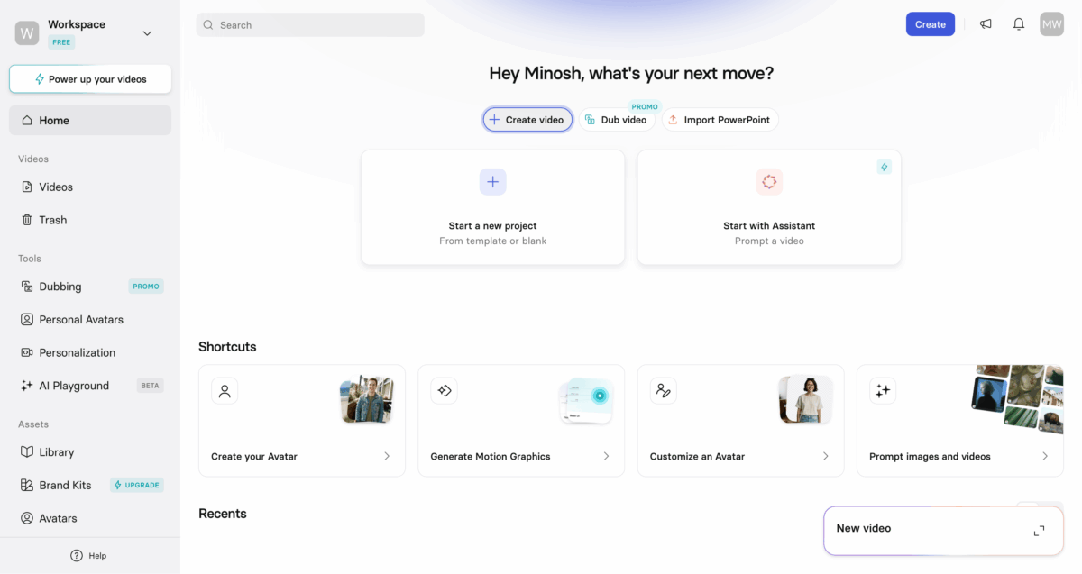 Synthesia AI video maker dashboard showing video creation options and avatar shortcuts