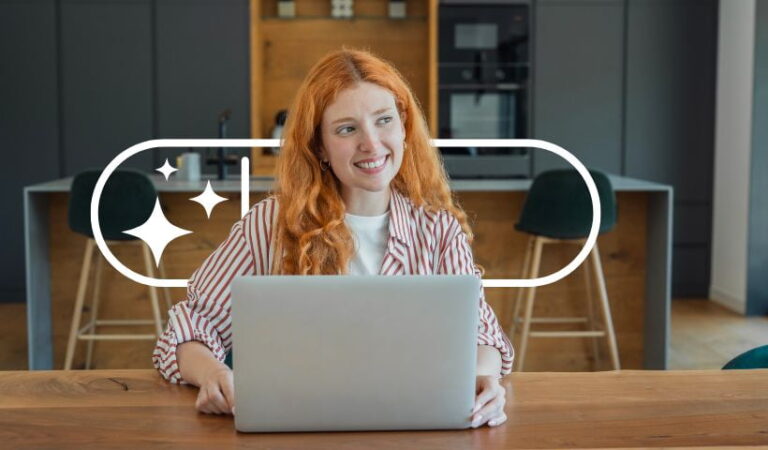 Small business owner using an AI video maker on a laptop