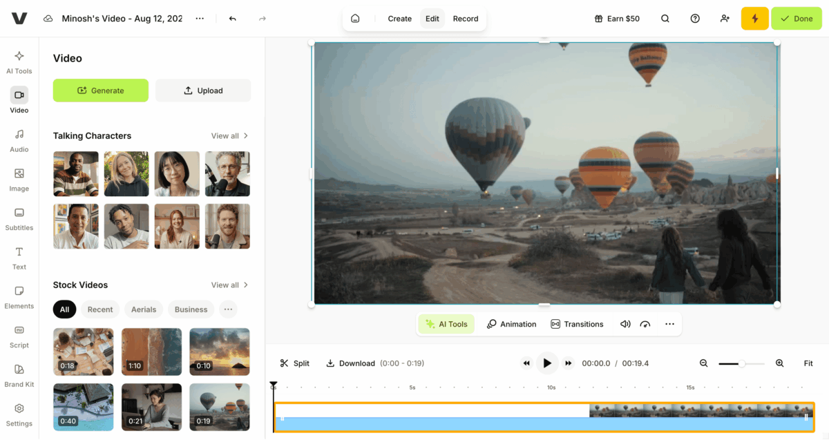 VEED AI video editor showing stock video library and talking characters in the editing dashboard