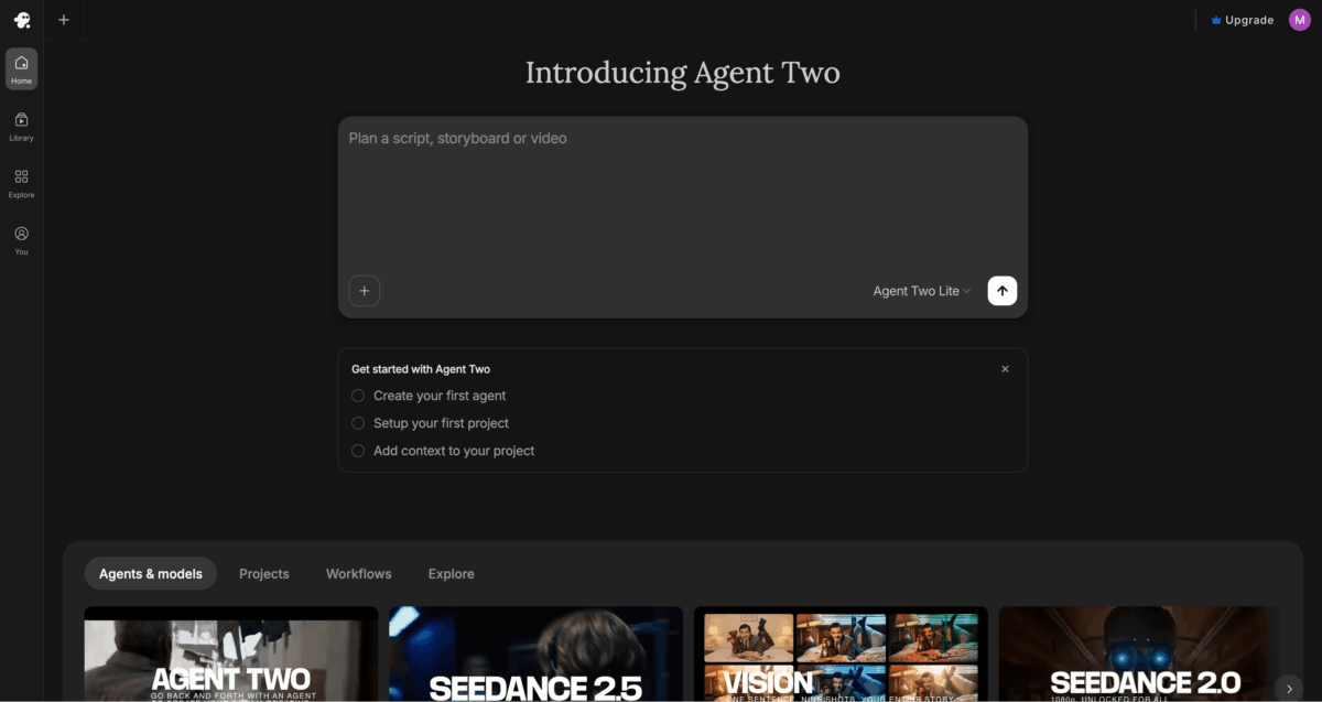 InVideo AI Agent Two dashboard showing video creation workspace with agents and models