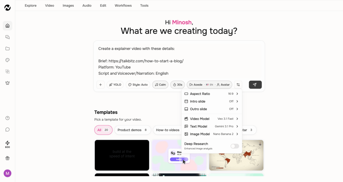 ngram AI video maker dashboard showing video creation with a TalkBitz blog post URL as the prompt