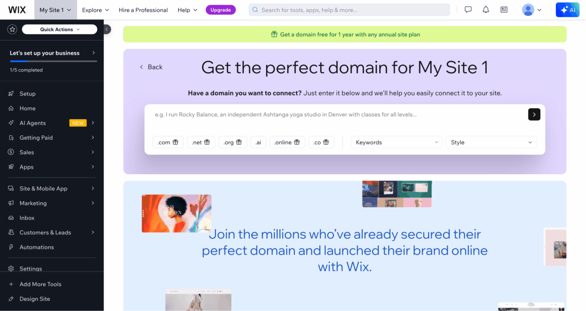 Wix dashboard showing the domain setup page with a search bar to find and connect a domain