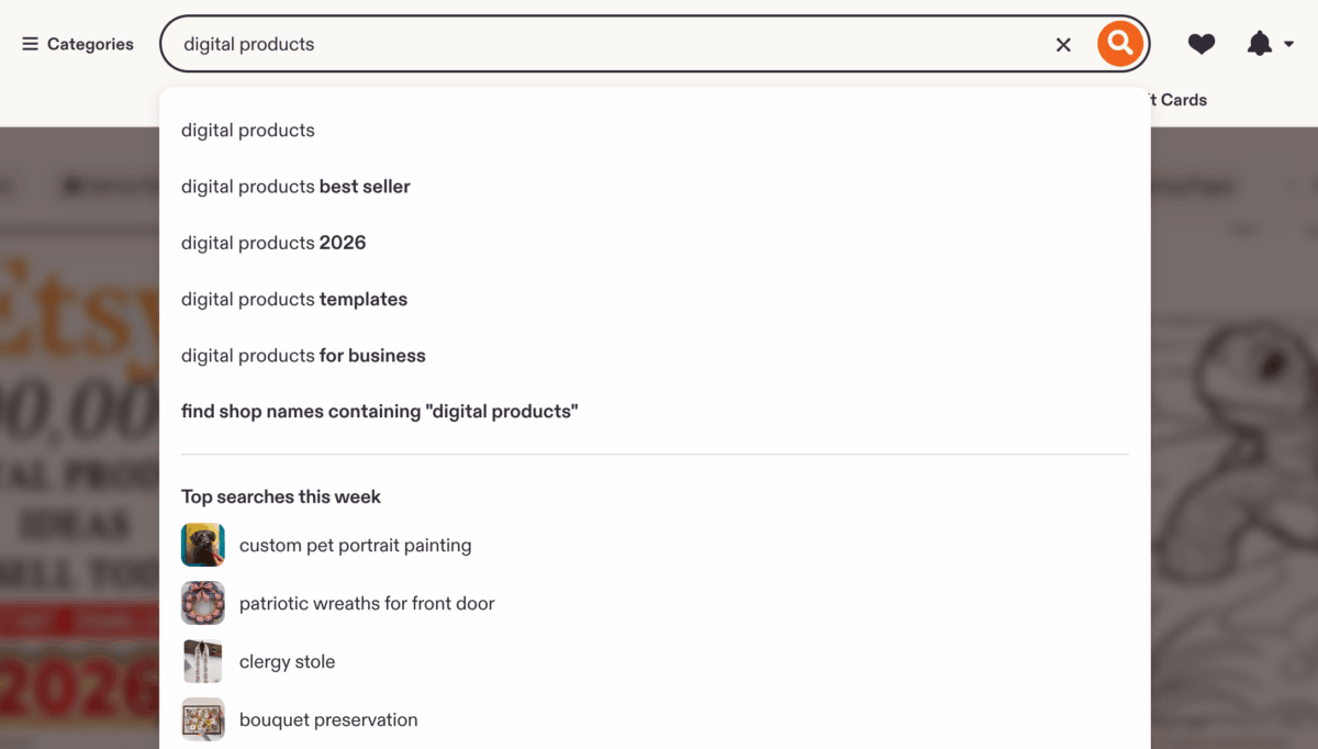 Screenshot of Etsy digital products search results with related searches and top weekly searches