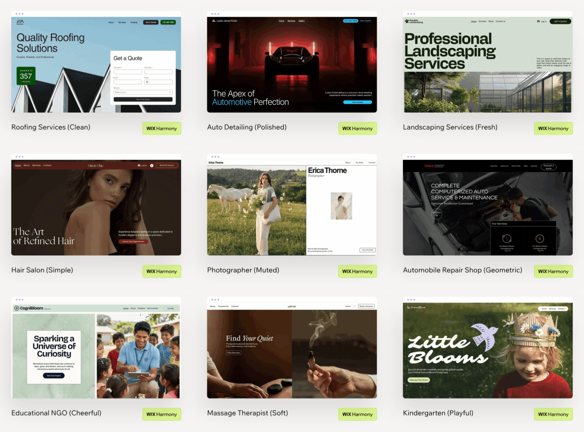 Grid of nine Wix Harmony website templates for various businesses