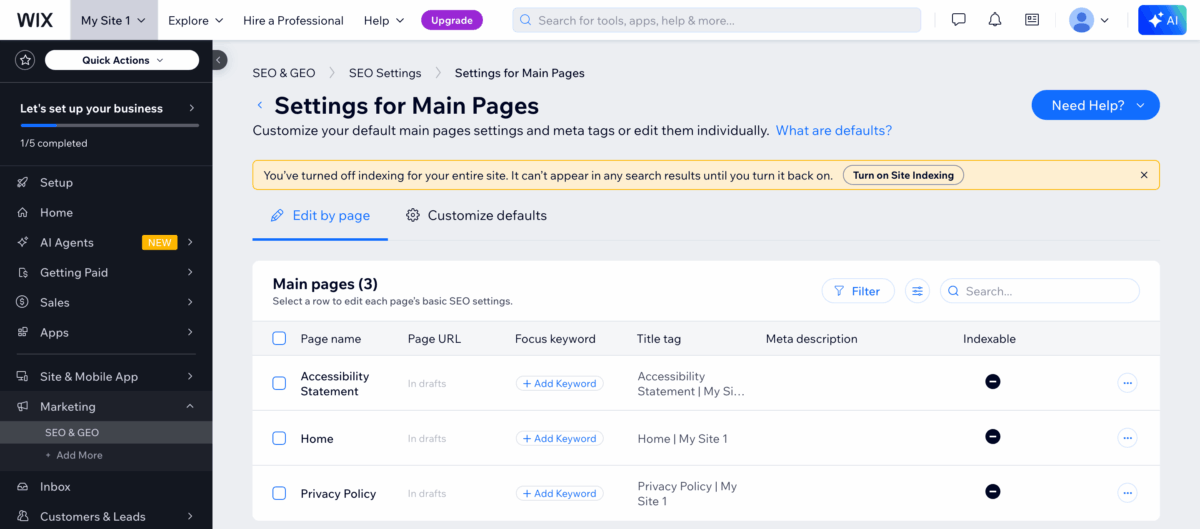 Wix SEO settings for main pages showing title tags and meta descriptions