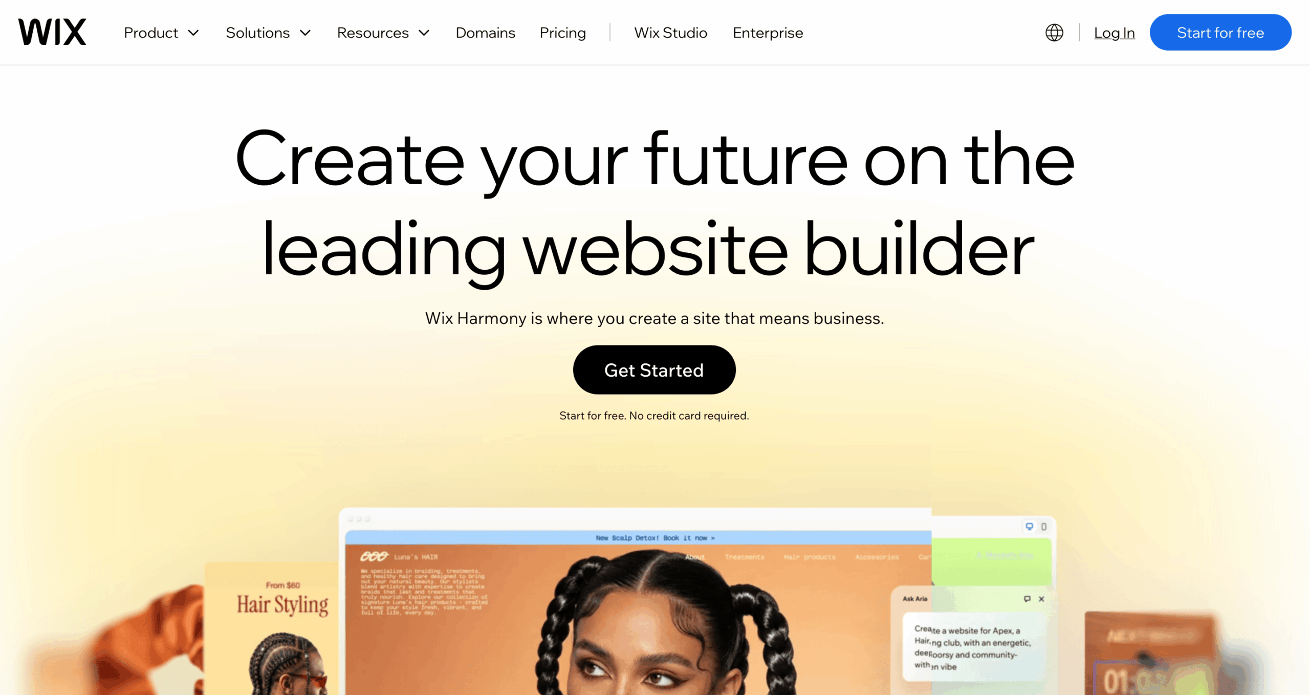 Wix homepage with website builder headline and Get Started button