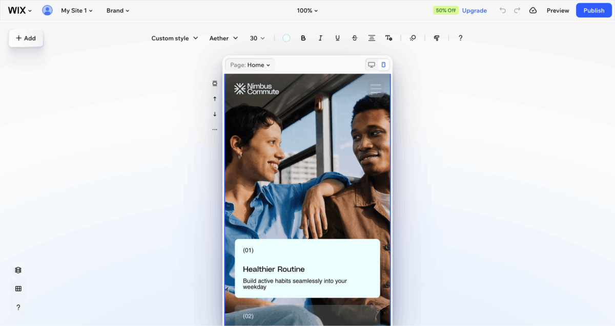 Wix editor showing mobile preview of a website page