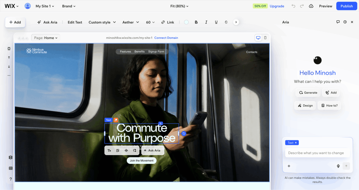 Wix editor showing a website being built with Aria AI