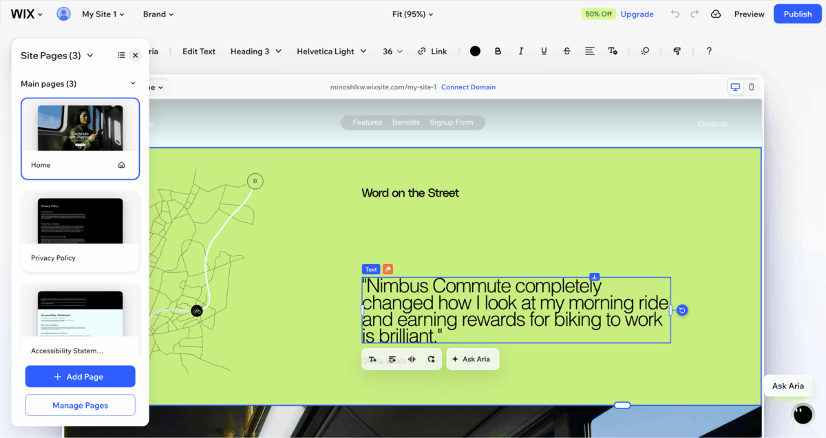 Wix editor showing site pages panel with Home, Privacy Policy, and Accessibility Statement pages