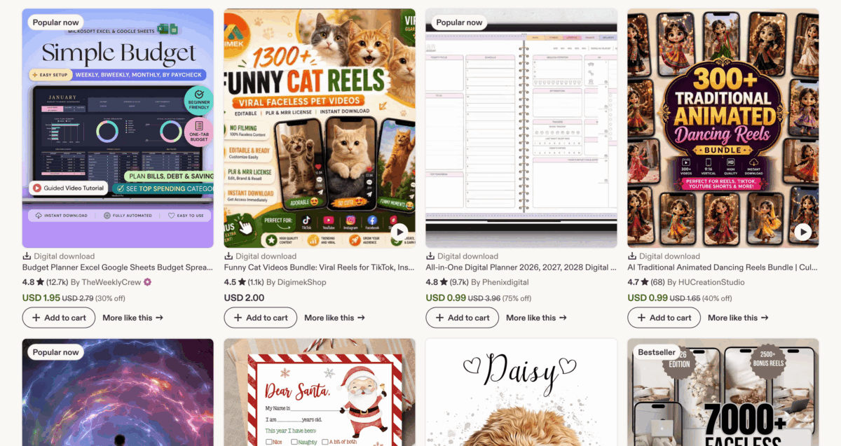 Etsy search results for digital products showing printable planners and templates for sale
