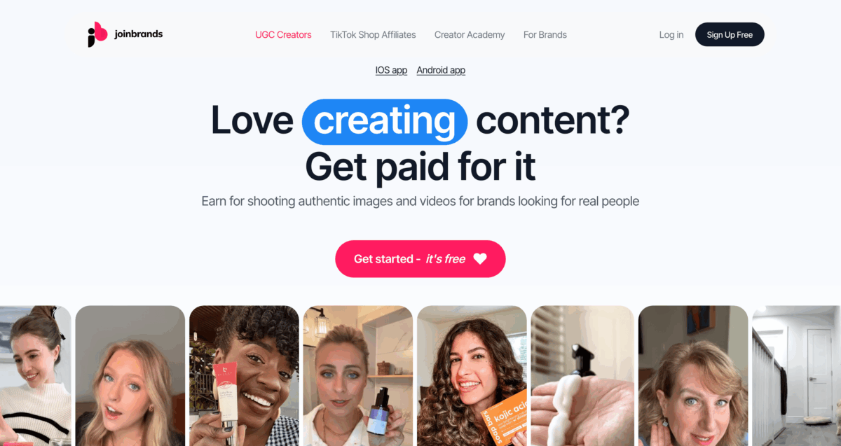 Joinbrands homepage for paid UGC creators