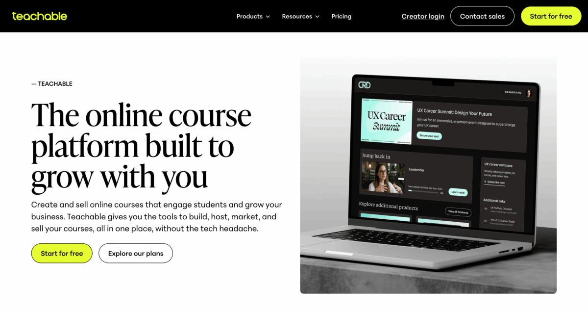 Teachable online course platform homepage and dashboard