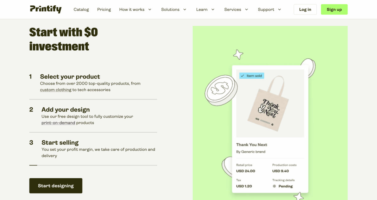 Printify homepage showing how to start a print-on-demand shop with $0 investment