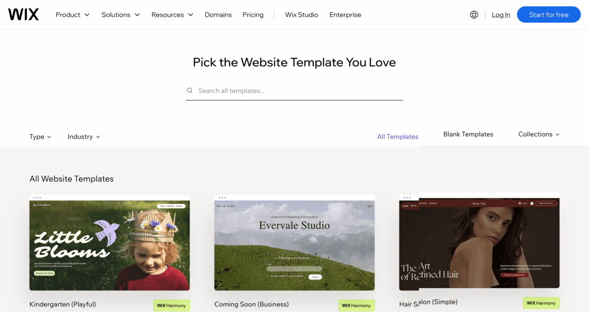Wix website template gallery page