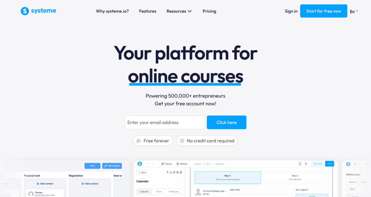 Systeme.io homepage with free online course platform signup